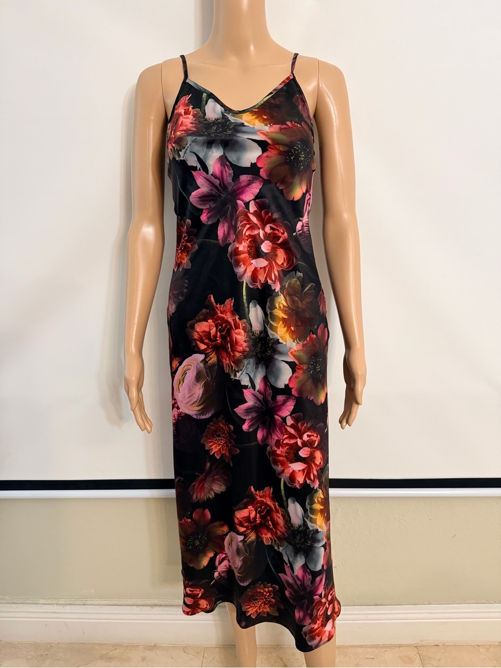 Black all saints Floral Slip Midi Dress with Red & Pink Blooms - Picture 3 of 9